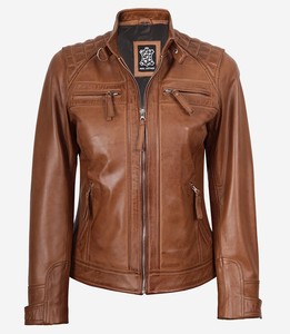 Chaqueta de cuero genuino para mujer, estilo motero vintage, de piel de oveja encerada, con hombros acolchados, estilo Cafe Racer, corte ajustado, para mujer - Product Image 5