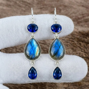 Boucles d'oreilles pendantes en argent sterling 925 massif, serties clos, faites à la main, avec labradorite et saphir, style bohème, pierres précieuses - Product Image 2