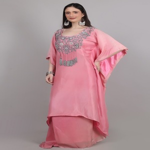 Premium Ethnic Fashion Wear Women’s <b>Set</b> Kaftan Dhoti Pink <b>colour</b> with Thread Beads Pearl & Sequence work - Product Image 1