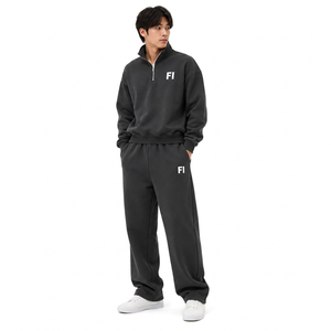 <b>Men's</b> Black Quarter-Zip 100% Cotton Breathable Sweatshirt Track Pant Set Relaxed Fit Winter Streetwear Casual Sportswear Custom - Product Image 1