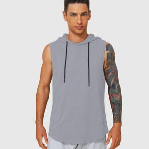 เสื้อกล้ามมีฮู้ดสำหรับผู้ชายไซส์ใหญ่พิเศษ สีเทาล้วน ผ้าฝ้าย สำหรับออกกำลังกาย สั่งทำขายส่ง เสื้อฮู้ดออกกำลังกายแบบไม่มีแขน - Product Image 2