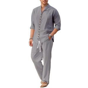 2025 primavera y otoño estilo cubano moda camisa de hombre tendencia casual multibotón cuello alto pantalones sueltos de manga larga traje de playa - Product Image 3