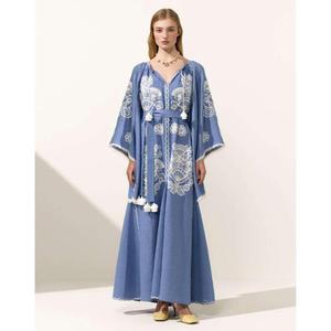 Women Blue Cotton <b>Maxi</b> Dress <b>White</b> Embroidery Full Sleeve V Neck Tie Waist Boho Dress - Product Image 1