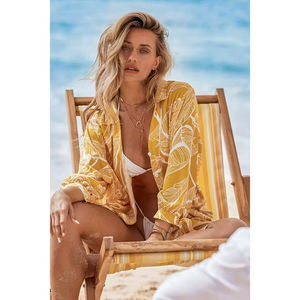 Chemisier long en mousseline de soie à col en V, style tropical, manches à lacets, imprimé floral, chemise hawaïenne boutonnée, idéal pour la plage – Meilleure vente de l'été - Product Image 1