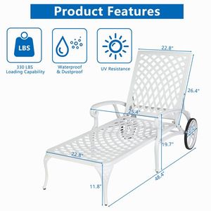 193*64.5*93cm White Cast Aluminum Courtyard Sun Lounger with Adjustable Backrest Bed Lying Feature - Product Image 6