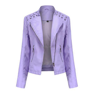 Violet clair fermeture éclair Moto Biker Style ajusté matelassé point cuir vestes pour femmes avec des accents de dentelle poches zippées automne élégant - Product Image 1