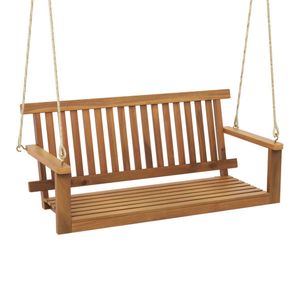 2 Seat Acacia <b>Wood</b> Porch <b>Swing</b> <b>Bench</b> with 2 Hanging Hemp Ropes for Patios - Product Image 1