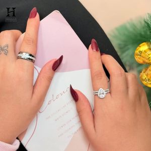 Luxury <b>Couple</b> Wedding <b>Ring</b> Set Pear Cut Lab Grown Diamond Halo <b>Ring</b> Mens Wide Eternity Band His and Hers - Product Image 5