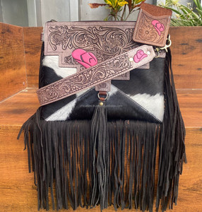 Nueva venta al por mayor de moda para mujer hecha a mano de cuero mecanizado sombrero Rosa bolsos cruzados y mano de cuero de vaca titular de la tarjeta de crédito conjuntos combinados - Product Image 2