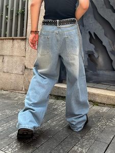 Jean en denim gris et noir rétro personnalisé pour homme, coupe ample, jambe large, style droit ou incurvé à rayures - Product Image 3