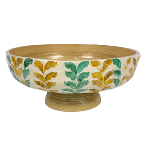 Handmade Round <b>Bamboo</b> Fruit <b>Bowl</b> with Green Yellow Leaf Capiz Inlay Decorative Pedestal Serving <b>Bowl</b> for Home & Party Decor - Product Image 2