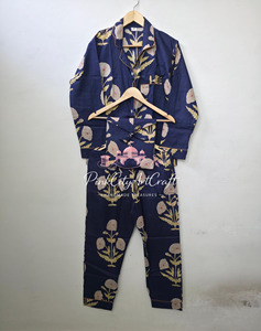 Conjunto de Pijama de Algodón Estampado a Mano con Flores Azules Marinos para Mujer, Transpirable, de Secado Rápido, Elegante, de Manga Larga, para Verano, Otoño y Primavera - Product Image 6