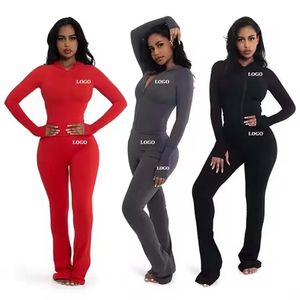 Custom 2 Piece <b>Workout</b> Set Legging Pants Crop Top Zip Hoodie Loungewear <b>Jacket</b> Tracksuit Sets with Embroidery Brands logo - Product Image 2