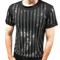 Nouveau T-shirt Homme Noir à Rayures et Strass 2026 – Haut de Gamme Scintillant avec Cristaux pour Fêtes et Mode