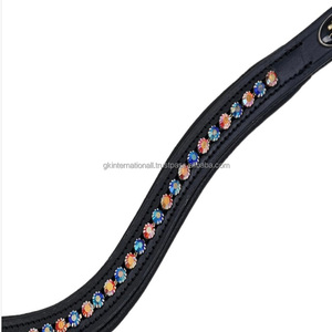 Banda de ceja de caballo acolchada de canal vacío de cuero inglés negro de lujo con incrustaciones de cristales multicolores banda de CEJA ostentosa de cristal Diamante - Product Image 3
