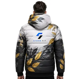 Chaqueta Acolchada con Capucha para Hombre, Estampado Floral, Cortavientos, Invierno, Casual, Cierre de Cremallera, 100% Poliéster, Corte Regular - Product Image 3