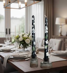 Bougies coniques noires à motifs floraux peintes à la main - Ensemble de décoration élégant et luxueux (2 pièces) pour mariages, Noël, la Saint-Valentin et anniversaires (Votive) - Product Image 3