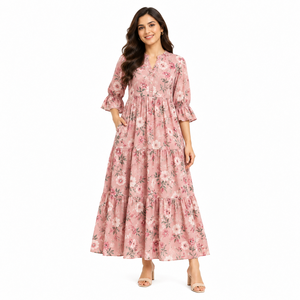 Women's Floral Maxi <b>Dress</b> Tiered Long <b>Dress</b> Button Front 3/4 Sleeve Casual Modest <b>Summer</b> <b>Boho</b> Fashion Wholesale Ladies Clothing - Product Image 1