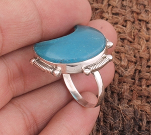 Anillo de Media Luna con Bisel de Calcedonia Azul Vintage, Plata de Ley 925, Joyería de Piedras Preciosas con Forma de Luna Creciente, Estilo Retro Boho con Puntos - Product Image 2