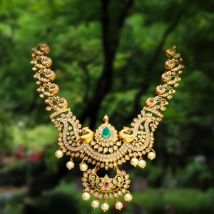 Peacock Engraved Women's Orthodox Wedding Necklace with American Round Brilliant Cut Diamond Embellishment Gold Plated - Product Image 3