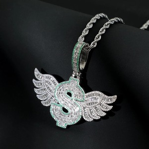 Colgante de Moissanita con Diseño de Alas y Símbolo de Dólar, Chapado en Rodio sobre Plata 925, Joyería de Declaración Estilo Hip Hop, Colgante Personalizado con Nombre/Letra - Product Image 3