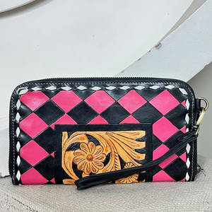 Hot Selling <b>Pink</b> Black Checker Diamond Pattern Genuine Leather Wristlet Wallet Cute Card & Cash Holder Women Evening <b>Clutch</b> <b>Bags</b> - Product Image 2
