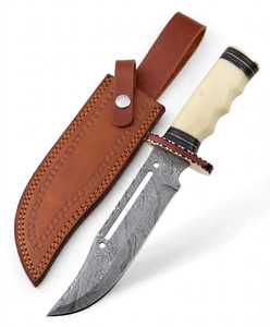 Custom Handmade Damascus Steel Outdoor Utility <b>Knife</b> <b>Bone</b> Resin <b>Handle</b> Filework Guard - Product Image 4