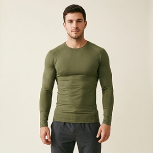 Chemise de compression à manches longues pour homme, vert olive, séchage rapide, coupe ajustée, col rond, vêtements décontractés - Product Image 5