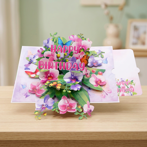 Carte de vœux 3D pop-up orchidée Viet-craft Joyeux Anniversaire avec papillons et fleurs, écologique et personnalisable pour les fêtes - Product Image 4