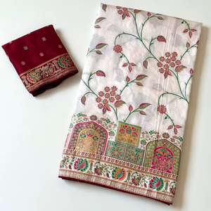 Sari de luxe de créateur en soie Dola de nylon avec tissage Jaal et look de pallu royal et riche - Product Image 1