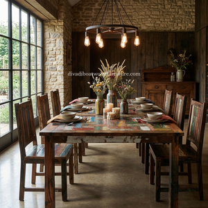 DIVADI Dining <b>Table</b> Java Style Patchwork Knockdown <b>Reclaimed</b> Boat Wood Sustainable Design Eco-Friendly For Indoor and Outdoor - Product Image 6