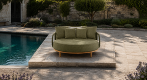 ROBD-010 Lit de Jardin Moderne en Rotin avec Coussin Vert, Cadre en Bois de Teck, Mobilier de Jardin Contemporain Résistant aux Intempéries, Siège Individuel - Product Image 3