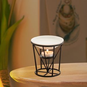 Handmade Metal <b>Wax</b> <b>Melt</b> Burner with Ceramic Dish Black Geometric Tea Light Candle Holder Essential Oil Warmer Home Fragrance - Product Image 2