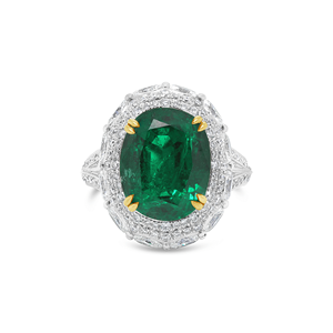 Anillo de Joyería Fina de Oro Blanco Sólido de 18k con Esmeralda Zambiana Natural de Corte Ovalado de 5.11 Quilates y Diamantes de Corte Redondo Ovalado de 0.97 Quilates/1.48 Quilates - Product Image 1