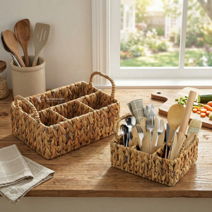 Handmade Water Hyacinth Utensil <b>Caddy</b>, Woven Kitchen Organizer with 4 Compartments for Dining <b>Table</b>, Picnic & Party - Product Image 5