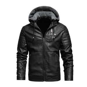Veste à capuche en cuir PU pour homme, style motard, coupe-vent, doublure en fausse fourrure épaisse, fermeture éclair, couleur unie, vêtements d'hiver - Product Image 3