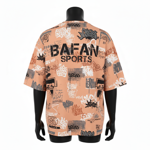 เสื้อยืดทรงบ็อกซี่ผ้าฝ้ายหนาน้ำหนักมากสำหรับผู้ชาย สีเบจ พิมพ์ลายทั่วตัว โลโก้พัฟ สไตล์สตรีทแวร์ ทรงหลวม 100% ผ้าฝ้าย พิมพ์ลาย - Product Image 2