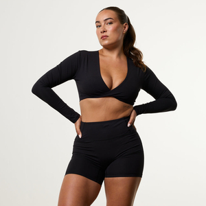 Top Corto Deportivo Negro de Manga Larga Cruzada para Mujer, Tejido de Punto, Spandex, Poliéster, Transpirable, Diseño Sólido, Cintura Alta - Product Image 3