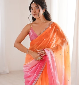 Sari de Diseño KV Satin Orange con Adornos y Blusa sin Coser - Product Image 2