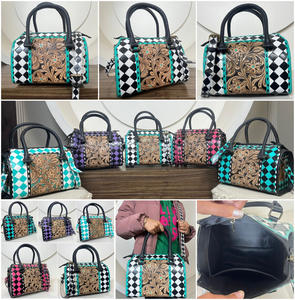 Nouveau sac Speedy de style occidental à carreaux noirs et blancs de taille moyenne pour femme, sac de voyage en cuir repoussé, sac à bandoulière en cuir de vachette - Product Image 3