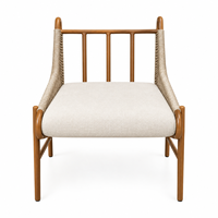 Fauteuil lounge moderne en corde tressée avec coussin rembourré, dossier incurvé, pieds coniques, structure en bois massif, pour l'intérieur et l'extérieur