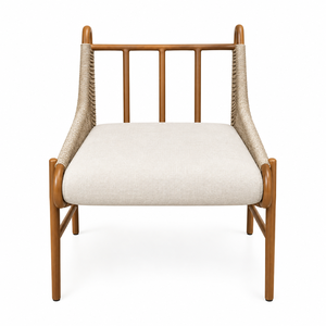 Fauteuil lounge moderne en corde tressée avec coussin rembourré, dossier incurvé, pieds coniques, structure en bois massif, pour l'intérieur et l'extérieur - Product Image 1