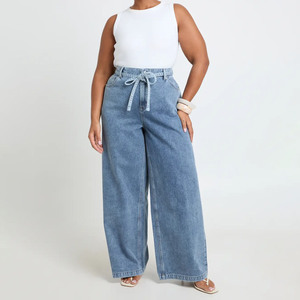 Pantalones vaqueros de mezclilla de cintura alta y pierna ancha para mujer, estilo casual, talla grande, con cordones delanteros, de algodón suave, largos, los más vendidos. - Product Image 1