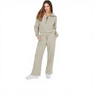 Women 2 Piece <b>Knitted</b> <b>Set</b> Solid Color Stand Collar Zipper Long Sleeve Regular Fit Casual Wear Full Length Polyester/Cotton Pants - Product Image 2