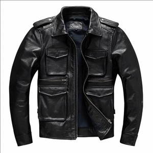Vestes pour hommes veste noire en cuir véritable lourd revers moto couche supérieure peau de vache chasse mode manteau mince homme - Product Image 4