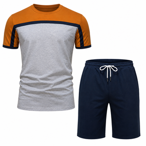 Conjunto de camiseta y pantalones cortos de verano para hombre con bloques de color, cuello redondo, tejido, ropa deportiva informal transpirable, conjunto al por mayor para hombre - Product Image 1