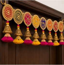 Traditional Handmade Multicolor Toran Door Hanging with Gold Tassels Embroidery Indian Festive <b>Home</b> Decor Decoration Art - Product Image 2