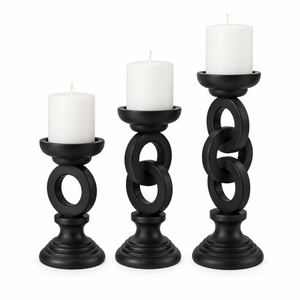 Decorative <b>Black</b> <b>Candle</b> <b>Holder</b> Set of 3 with Linked Ring Design for Table Decor | Modern Pillar <b>Candle</b> Stands for Home and Gifts - Product Image 1