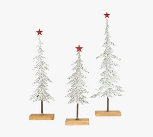 Metal Christmas <b>Tree</b> Decorations Set of 3 With Red <b>Star</b> Tops Wooden Base Traditional Style Handicraft - Product Image 1