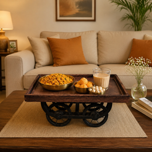 Bandeja de Servir de Madera Estilo Industrial con Ruedas de Hierro |   Plato Decorativo Rústico para Centro de Mesa, Decoración del Hogar - Product Image 3